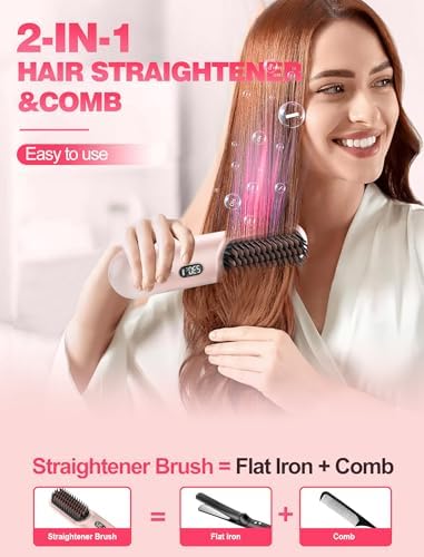 Portable Cordless Hair Straightener Brush for Travel,Mini Hair Straightener Comb with Negative Ion,Hair Straightener Brush Hot Comb for Women, Rechargeable 9600mAh Battery,12 Temp-Setting,Pink