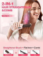 Portable Cordless Hair Straightener Brush for Travel,Mini Hair Straightener Comb with Negative Ion,Hair Straightener Brush Hot Comb for Women, Rechargeable 9600mAh Battery,12 Temp-Setting,Pink