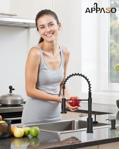 APPASO Black Kitchen Faucet with Soap Dispenser and Pull Down Sprayer, SUS304 Stainless Steel Commercial Single-Handle Spring Faucet for Kitchen Sink, Matte Black