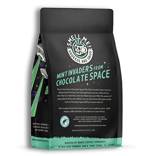 Bones Coffee Company Mint Invaders Flavored Coffee Beans, Whole Bean Coffee Medium Roast Low Acid, Mint Chocolate Chip Flavor (12 oz)