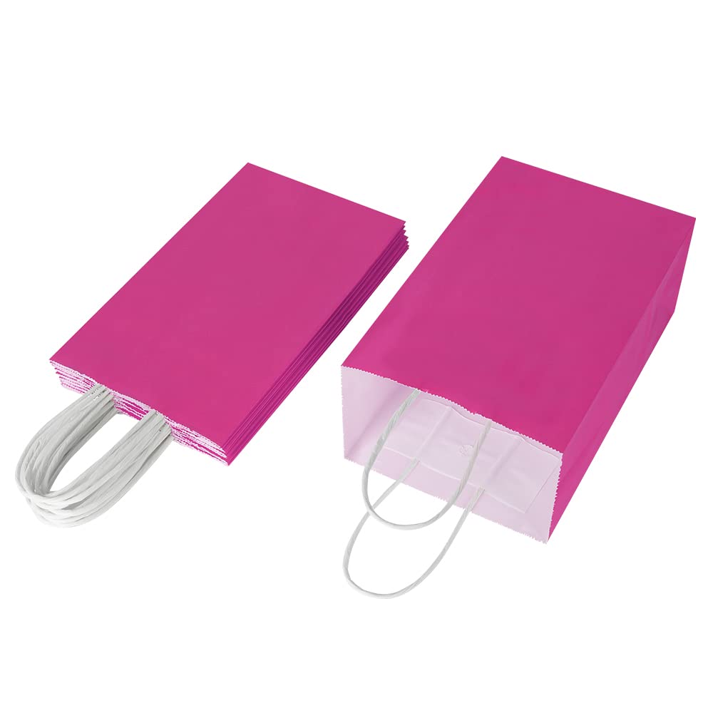 Oikss 100 Pack 5.25x3.25x8.25 Inch Small Hot Pink Kraft Paper Bags with Handles Bulk for Birthday Wedding Party Favors Grocery Retail Shopping Business Goody Craft Gift Bags Sacks (Fuchsia 100 Count)