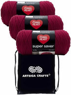 Red Heart Super Saver Burgundy E300-376 (3-Skeins - Same Dye Lot) Worsted Medium #4 Acrylic Yarn for Crocheting and Knitting with Project Bag