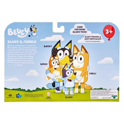 Bluey Family Figure 4-Pack – Includes, Bingo, Mum (Chilli) & Dad (Bandit), Poseable Collectible Toys for Kids, Durable Cake Toppers, for Toddlers & Fans, Ages 3+