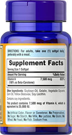 Puritan's Pride Beta Carotene Provitamin A 7,500mcg (25,000 IU), Vitamin Supplement for Immune System, Antioxidant and Eye Health Support, 100 Day Supply, 100 Rapid Release Softgels (Pack of 2)