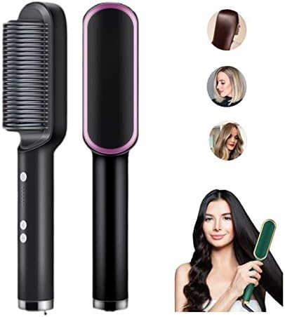 2023 New Negative Ion Hair Straightener with 5 Temp, 2 in 1 Brush and Curler, Portable Electric Straightening Heated Styling Comb 10s Fast Heating Anti-Scald (Black)