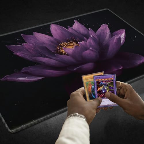 for MTG Playmat TCG Board Game Mat Plus 50 Pcs Card Sleeves, 24 x 14 Table Mats Dark Purple Lotus Game Mousepad with Soft Surface Non-Slip Base for MTG Trading Card Game Playmats