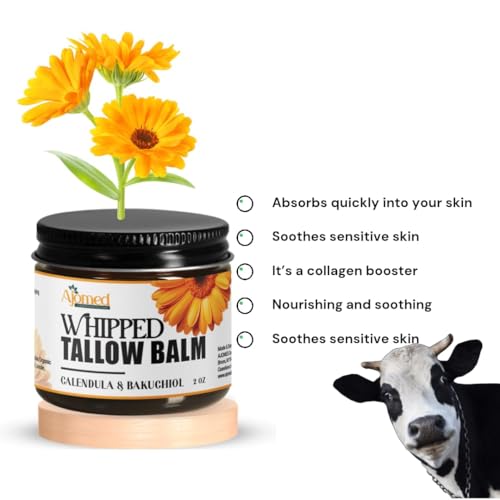 Whipped Tallow for skin Moisturizer with calendula and bakuchiol oil | tallow for skin care - handmade grass-feed Frankinsence tallow face cream- organic facial balm (Sandalwood Vanilla)