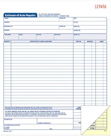 Adams Garage Repair Order Forms, 8.5 x 11 Inch, 3 Parts, 250-Count, White and Canary and White Tag & Auto Repair Estimate Book, 2-Part, Carbonless, White/Canary, 8-3/8 x 10-11/16 Inches