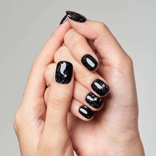 GLAMERMAID Press on Nails Extra Short Squoval, Spring Summer Handmade Glitter Black Star Gel Glue on Nails, 24Pcs Glossy Round Reusable UV Finish Fake Nails Acrylic False Nails Manicure Kits for Women