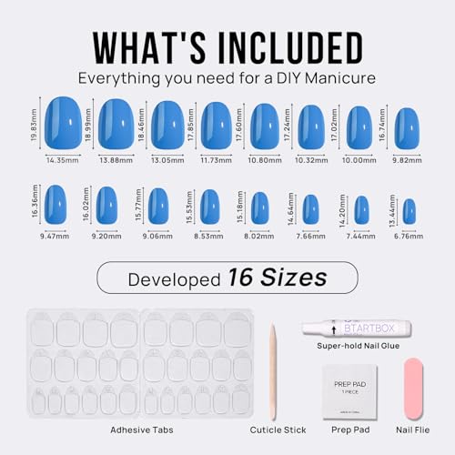 BTArtbox Press On Nails Short - Blue Press On Nails, Oval Fake Nails with Nail Glue, Fit Perfectly & Reusable Glue On Nails in 16 Sizes Nail Kit, Navy Nights