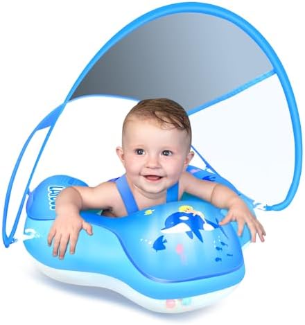 LAYCOL Baby Swimming Float Inflatable Baby Pool Float Ring with Sun Protection Canopy,add Tail no flip Over for Age of 3-36 Months