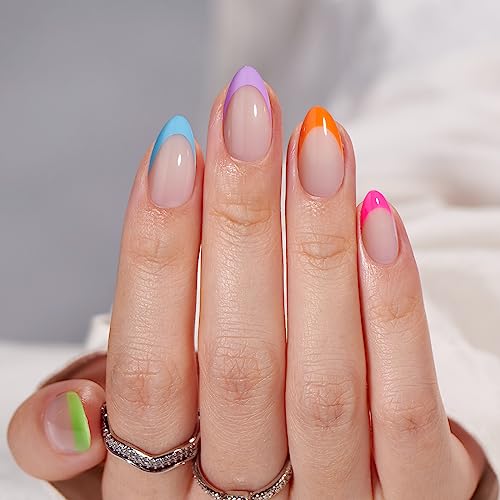 BTArtbox Press On Nails Short - Soft Gel French Tip Press On Nails, Colorful Almond Glue On Nails with Nail Glue, Reusable Stick On Nails in 16 Sizes, Neon Rainbow French