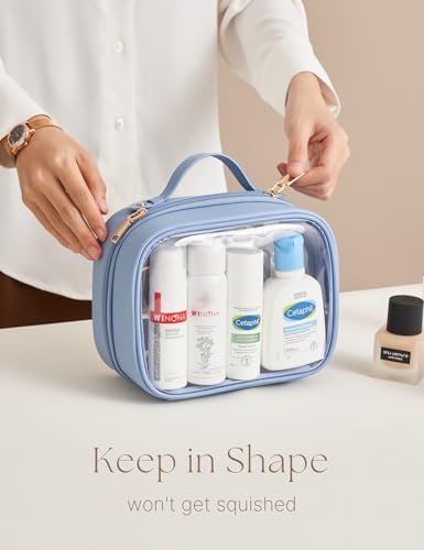 Clear Cosmetic Bag Double Layer Travel Toiletry Bag Clear Makeup Bag Case with 4 Compartments, Transparent Travel Bag for Toiletries, TSA Approved Toiletry Case for Women (Blue)