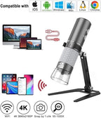WiFi USB Digital Handheld Microscope, 50 to 1000x Wireless Magnification Endoscope 4K 3840x2160P Camera 8 LEDs with Metal Stand for iPhone iPad Android Mac Windows Linux Chrome