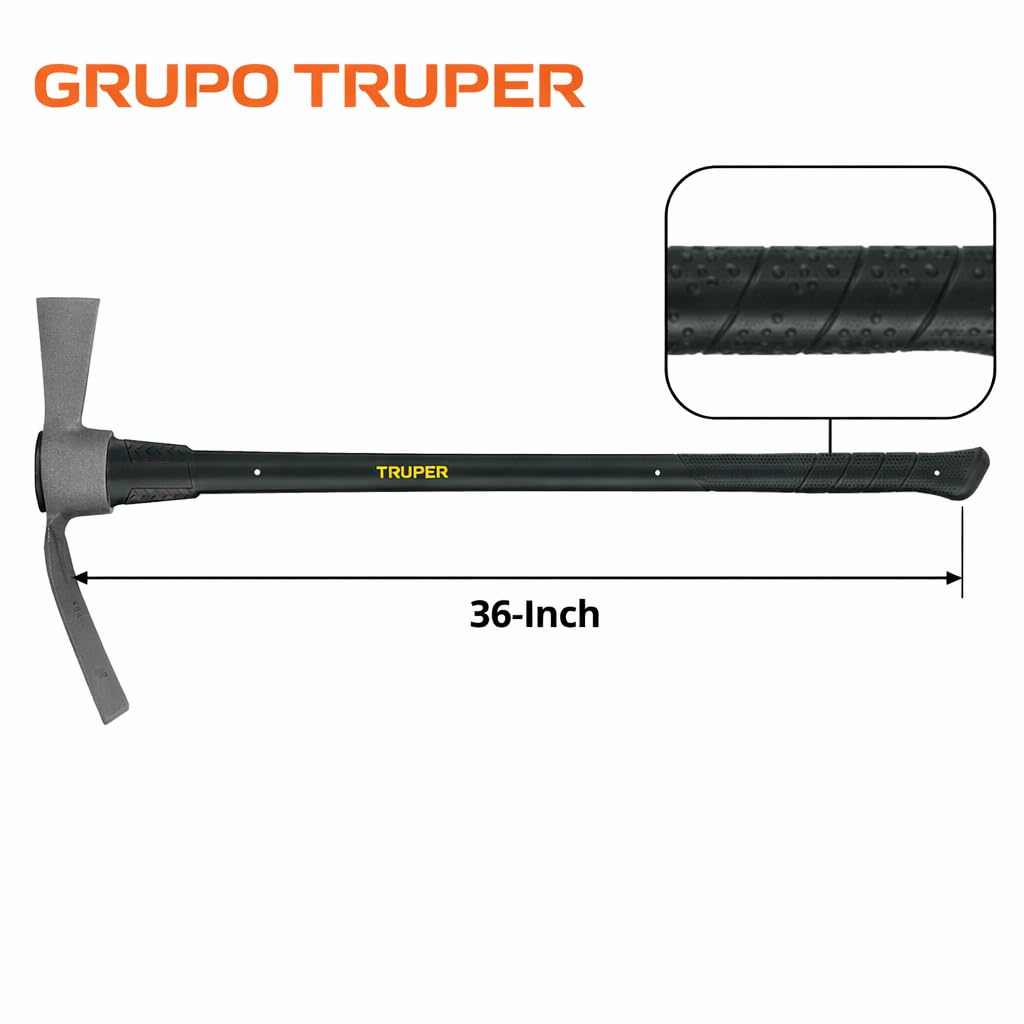Truper 5 lb Cutter Mattock, 36-Inch Heavy-Duty Fiberglass Handle with Shock-Absorbing Grip, Forged Steel Dual-Head Digging and Root Cutting Tool (Model TH-5F / 31638)