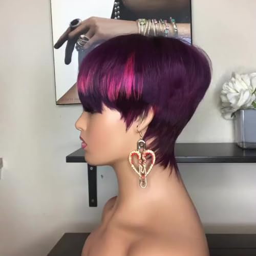 PangDongLai 10A Pixie Cut Wigs for Black Women Purple/pink Color Short Layered Pixie Haircut Wigs With Bangs Brazilian Virgin Human Hair Wigs for Women Glueless Full Machine Made Wigs
