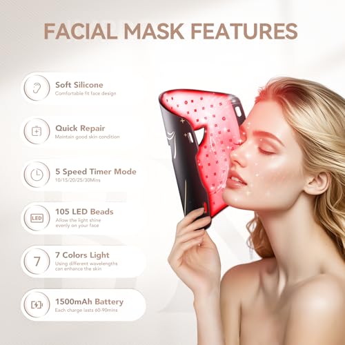 BNU LED Light Therapy Face Mask, 7 Modes Light Therapy Portable Facial Mask with Remote Control, Timing Function, 850NM Infrared & Red Light Mask, Red Light Therapy for Face at Home 105 LED Beads