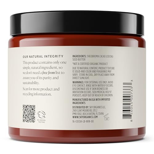 Sky Organics Cocoa Butter for Body, 100% Raw & Unrefined Ultra-Moisturizing Butter to Deeply Hydrate & Condition Skin, Promotes Smooth Skin Tone & Texture, Suitable for Tight or Extra Dry Skin, 16 Oz.
