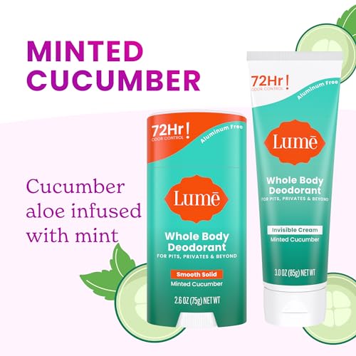 Lume Whole Body Deodorant - Invisible Cream and Solid - 72 Hour Odor Control - Aluminum Free, Baking Soda Free, Skin Safe - 3.0 Ounce Cream and 2.6 Ounce Solid Bundle (Minted Cucumber)