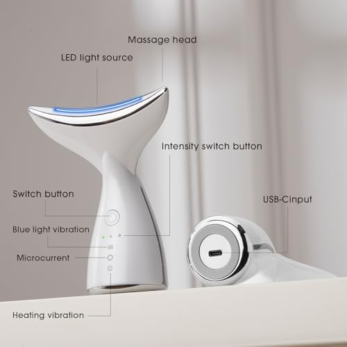 Face & Neck Massager | White LED Red-Light-Therapy-for-Face and Neck, Red Light Therapy Wand, 3 Color Led Face Neck Massager for Skin Care