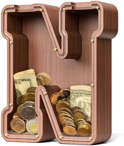 Summidate Wooden Letter Piggy Bank, Extra Thick Large Capacity Piggy Bank for Kids Boys Girls Toddler, Alphabet N Money Bank| Coin Box Birthday, Christmas, Festival