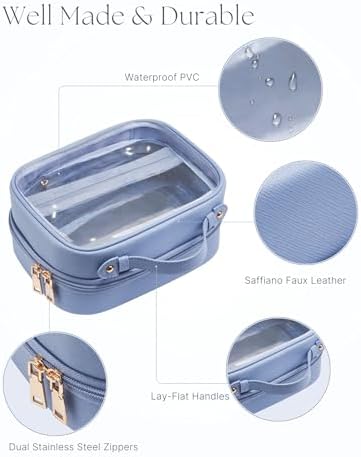 Clear Cosmetic Bag Double Layer Travel Toiletry Bag Clear Makeup Bag Case with 4 Compartments, Transparent Travel Bag for Toiletries, TSA Approved Toiletry Case for Women (Blue)