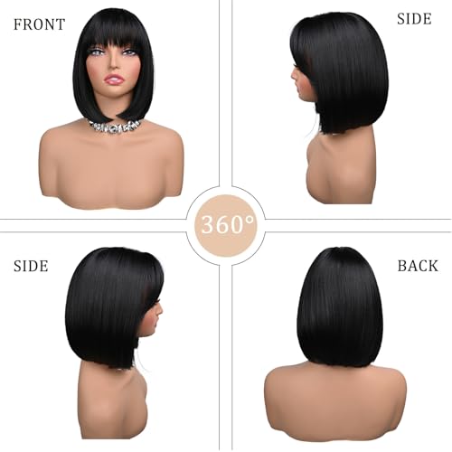 Black Bob Wig With Bangs Short Black Wig for Women 12 Inch Straight Bob wig with Bangs Synthetic Colorful Cosplay Daily Party Use（Nutural Black,12IN）