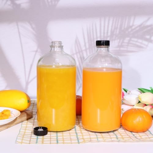4 Pack 32 oz Clear Boston Round Glass Bottles with Black Caps for Secondary Kombucha Fermentation and Lab Chemicals (1 Funnel and 10 Pieces Black Chalkboard Labels Included)