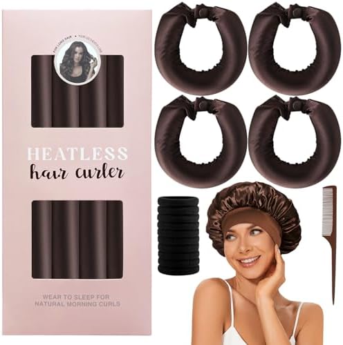 Satin Heatless Hair Curler, 16 Piece Set, Overnight Heatless Curls, Not easy to slip Heatless Curling Rod You Can Sleep In, Soft Silk DIY Hair Styling Tools Kit, Silk Bonnet for Sleeping-Brown