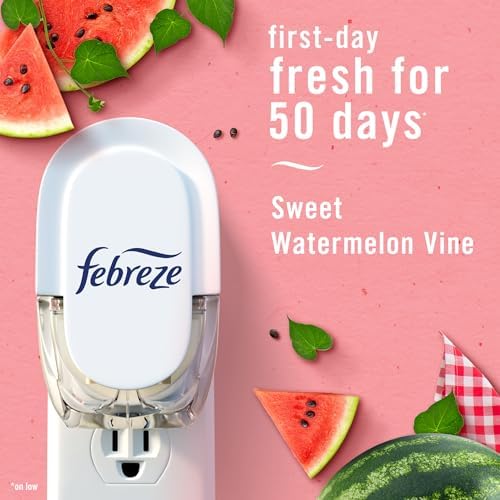 Febreze Odor-Fighting Fade Defy PLUG Air Freshener, Southern Lilac Mornings, Sweet Watermelon Vine, Pack of 4 (2 of Each), .79 fl. oz. Oil Refill