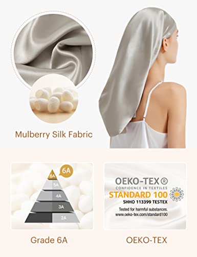 LilySilk Mulberry Silk Sleep Cap 100% 19 Momme Long Silk Bonnet for Curly Hair, Night Cap for Sleeping, Silk Hair Wrap for Women Silvergray