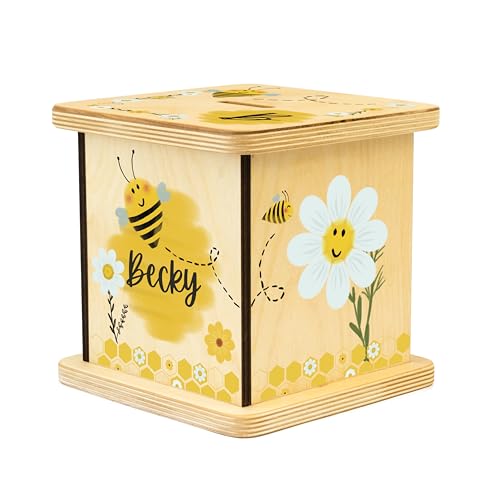 Wooden Piggy Bank for Kids and Adults, Personalized Gift Handmade in USA by BloomOwl, Custom Piggy Bank, Personalized Banks for Kids, Gifts for Baby Boys and Girls (Bee)