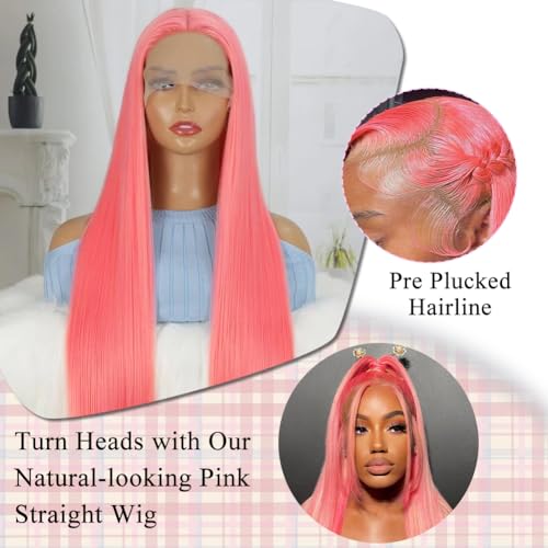 Pink Lace Front Wig Human Hair 20 Inch 13x4 Cotton Candy Pink Straight HD Lace Frontal Wig Human Hair Pre Plucked with Baby Hair Bubblegum Pink Lace Closure Human Hair Wig 150 Density for Women