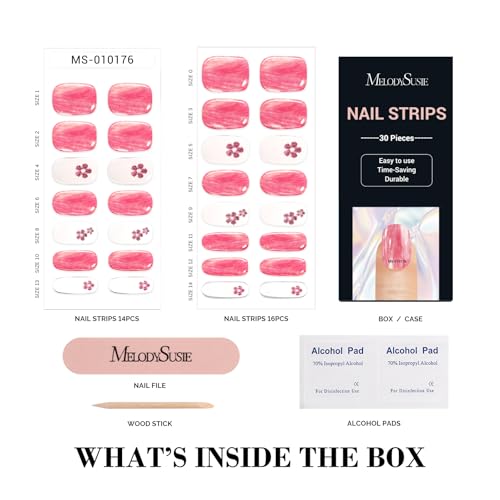 MelodySusie 30PCS Semi Cured Gel Nail Strips (Pink Glitter Flower), Works with Nail lamp, Salon Quality, Long Lasting, Easy to Apply and Remove, Includes 2 Prep Pads, Nail File and Wooden Stick