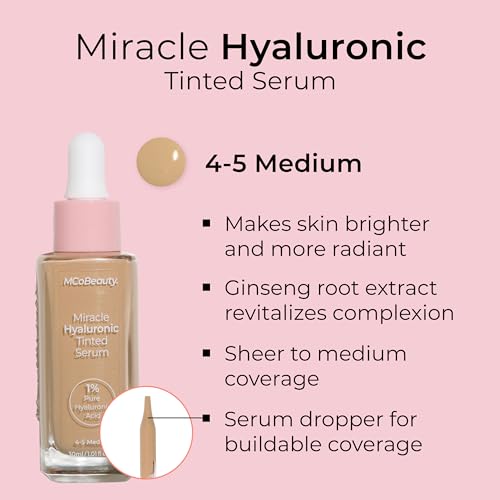 MCoBeauty Miracle Hyaluronic Tinted Serum, 4-5 Medium, Hydration & Glow for Radiant Skin, Vegan, Cruelty Free Cosmetics