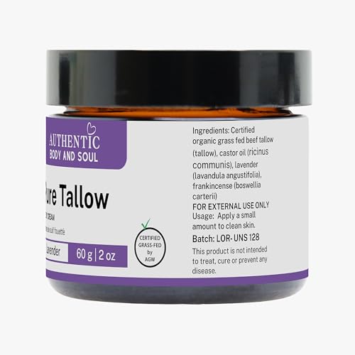 Certified Organic Beef Tallow with Organic Lavender for Sensitive Skin Cream. Delivers Intense Hydration for All Skin Types, Certified Grass-Fed by AGW, by Authentic Body And Soul (Lavender-4oz)