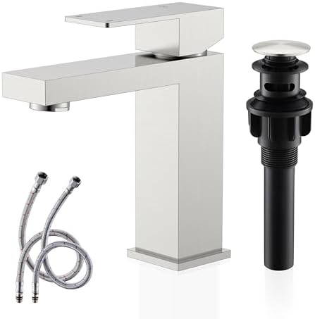 KENES Single Handle Bathroom Sink Faucet, Brushed Nickel Vanity Faucet for Bathroom Sink, with Pop Up Drain Stopper & Water Supply Lines LJ-9031