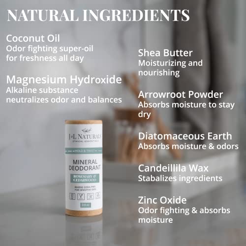 J&L Naturals Mineral Deodorant | Baking Soda-Free, 100% Natural, Sustainable | Sensitive Deodorant For Women & Men | Aluminum Free, Vegan, Cruelty-Free (Rosemary & Cedarwood, 3 Oz (Pack of 1))
