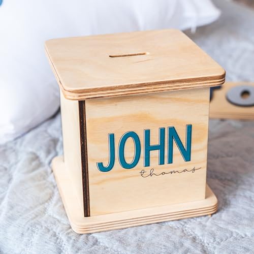 Wooden Piggy Bank for Kids and Adults, Personalized Gift Handmade in USA by BloomOwl, Custom Piggy Bank, Personalized Banks for Kids, Gifts for Baby Boys and Girls (Typography)