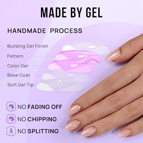 BTArtbox Press On Nails Almond - Short Nails Press Ons with Gold Foil Design, Glue On Nails for Women Gift, Supremely Fit Glossy Stick On Nails in 16 Sizes - 30 Nail Kit, Gold End