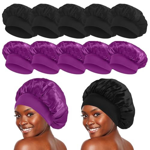 KEPUWAY 10 Pcs Bonnet, Superior Satin Bonnet with Elastic Wide Band, Silk Hair Bonnet for Sleeping Women Men curly Dreadlock Braid Hair