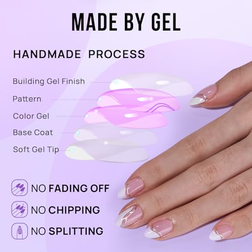 BTArtbox Press On Nails Almond - Swirl French Tip Press On Nails Short for Gifts, Nail Tips, Pink Fake Nail with Glue, Glue On Nails in 16 Sizes - 30 Nail Kit, Tiny Silver