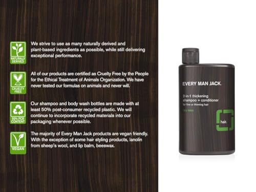 Every Man Jack 2-in-1 Thickening Shampoo + Conditioner - Thicken, Cleanse, and Hydrate Hair with Coconut, Aloe, and Tea Tree Oil - Naturally Derived and No Harsh Chemicals - Twin Pack