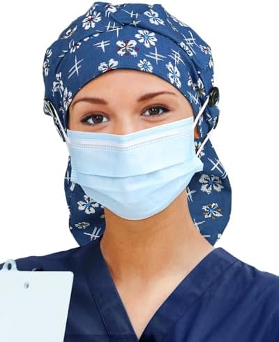 Satin Lined Scrub Cap for Women Extra Large Long Hair Surgical Nurse Cap 4 Buttons