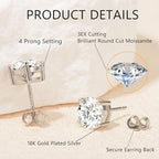 Moissanite Stud Earrings, 0.6ct-2ct DF Color Brilliant Round Cut Lab Created Moissanite Earrings 18K White Gold Plated Silver Friction Back for Women Men