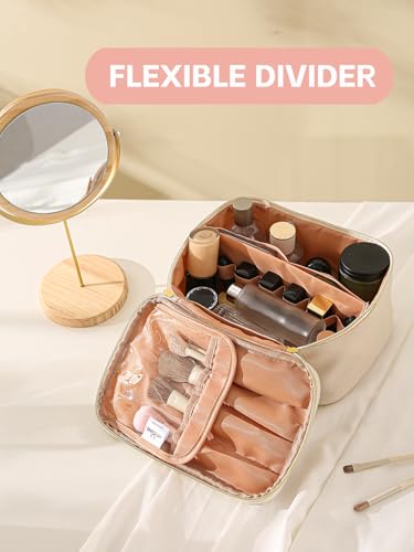 KITENROM Extral Large Makeup Bag Portable Cosmetic Bags for Women Zipper Pouch for Purse Make Up Case with Detachable Divider Toiletry Organization Waterproof Beige