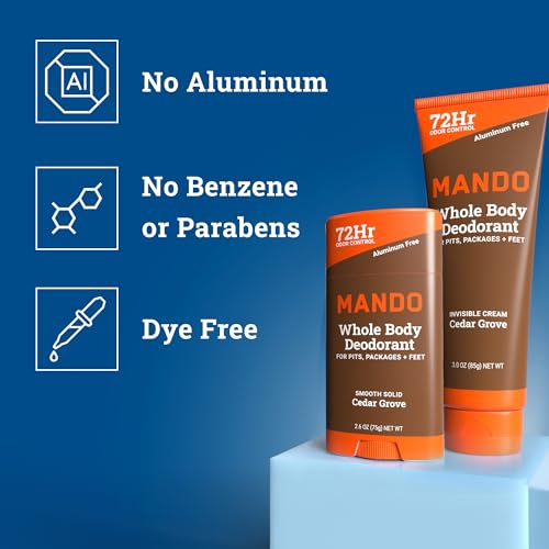 Mando Whole Body Deodorant - Invisible Cream Tube and Solid Stick - 72 Hour Odor Control - Aluminum Free, Baking Soda Free, Skin Safe - 3.0 Ounce Tube and 2.6 Ounce Solid Stick Bundle - Cedar Grove