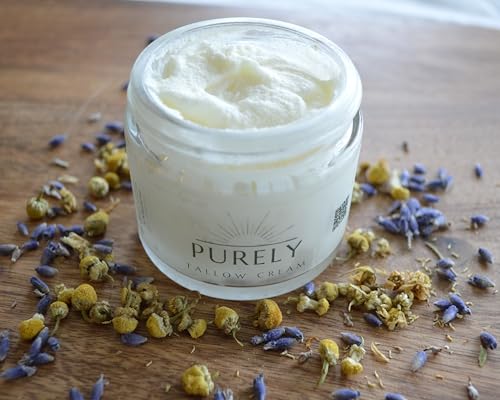 Purely Tallow Cream- Pasture-fed Beef Tallow- Moisturizer/Body Butter- Herbal Infused with Lavender & Chamomile (Unscented)- Dry Skin, Eczema, Psorasis, Infant-Safe -Organic (2 oz)