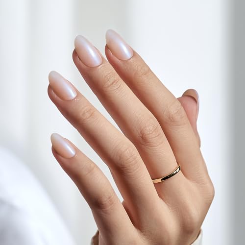 BTArtbox Press On Nails Short - Soft Gel Chrome Press on Nails Short Oval Nails Fake Nail with Nail Glue, Fit Perfectly, Reusable Glue On Nails in 16 Sizes, Chrome Pearl