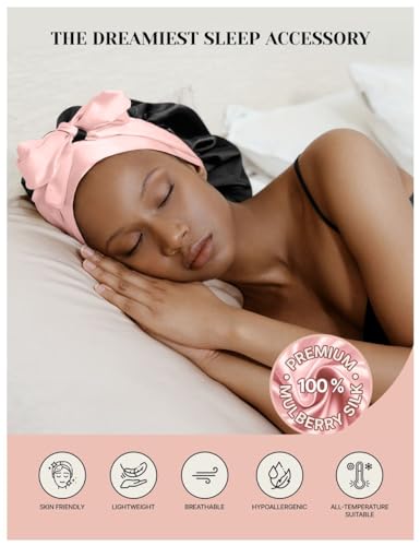 100% Mulberry Silk Bonnet for Sleeping Women with Curly Hair - Short Long Hair Bonnet for Sleeping - Alternative to Double Layer Satin Bonnet with Tie Band - Premium Hair Wrap for Sleep Black